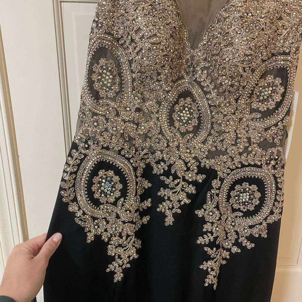 Tony Bowls Black and Gold Embellished Prom Dress - Picture 2 of 12